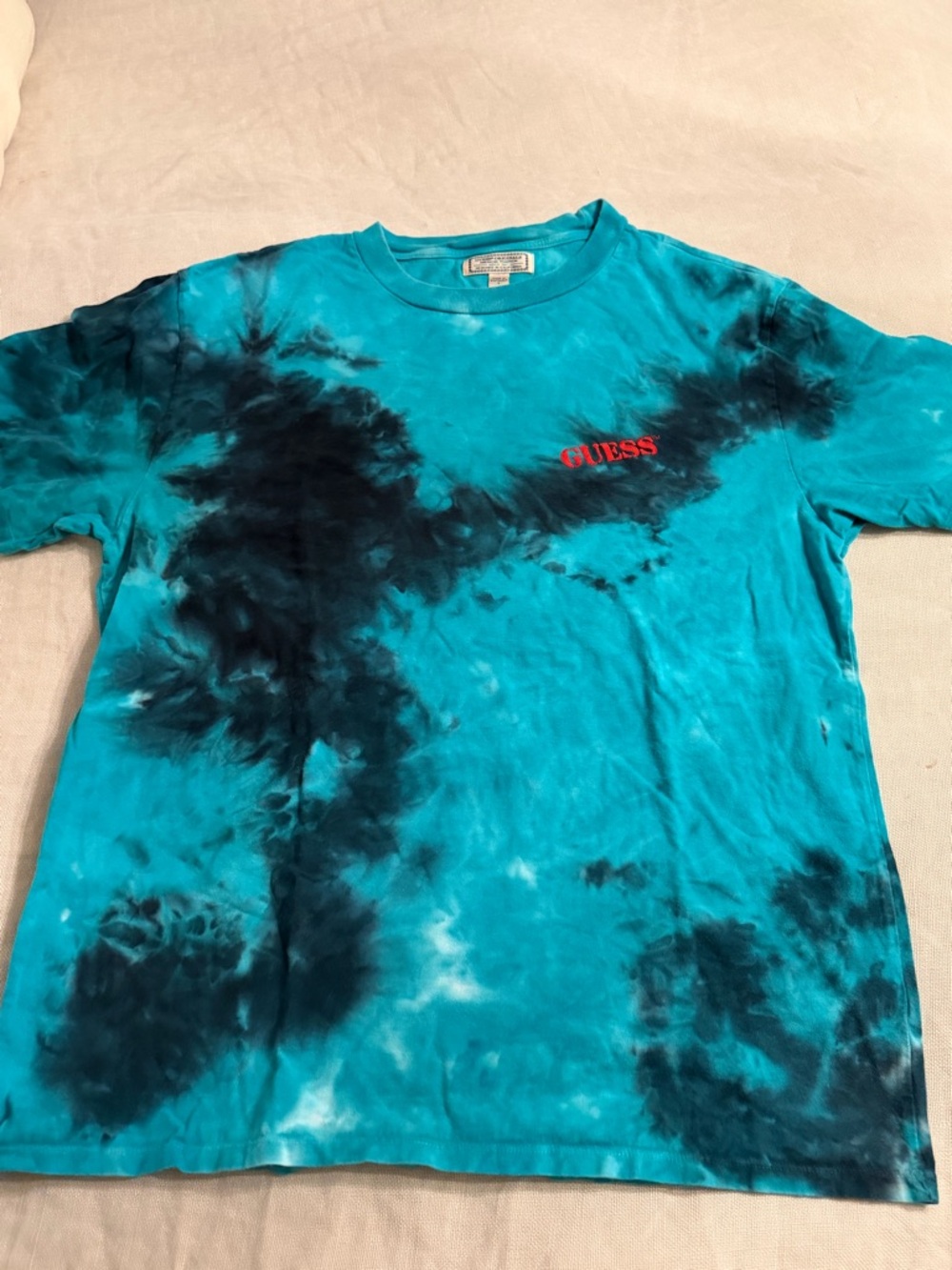 Guess Teal Tie-Dye Crewneck Tee with Black Logo Accent